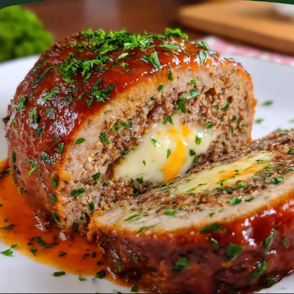 Bacon-wrapped cheese stuffed meatloaf sliced to reveal gooey cheddar interior