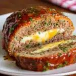 Bacon-wrapped cheese stuffed meatloaf sliced to reveal gooey cheddar interior