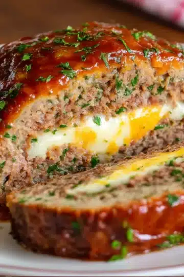 Bacon-wrapped cheese stuffed meatloaf sliced to reveal gooey cheddar interior