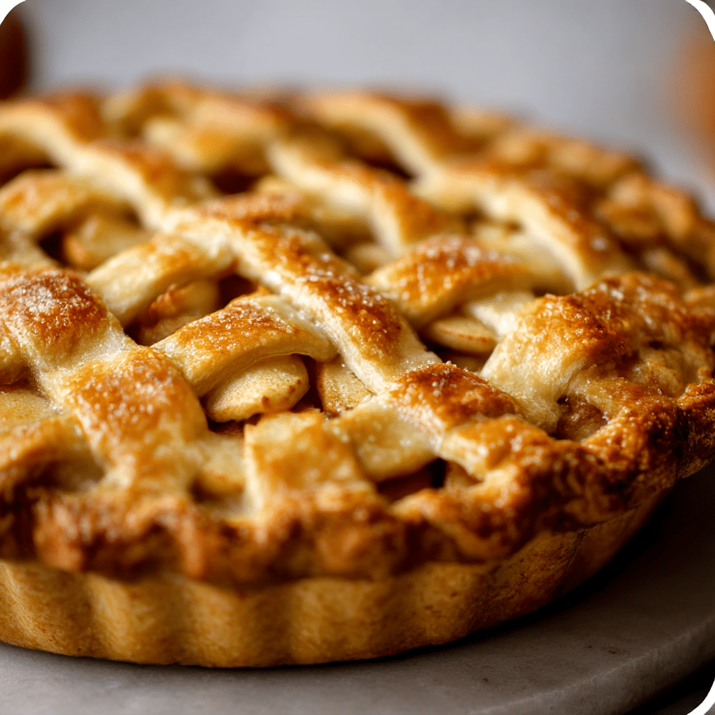 Golden buttery shortcrust apple pie with flaky crust and spiced apple filling