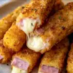 Air Fryer Ham & Cheese Sticks — crispy golden rolls with melted cheese inside served on a plate