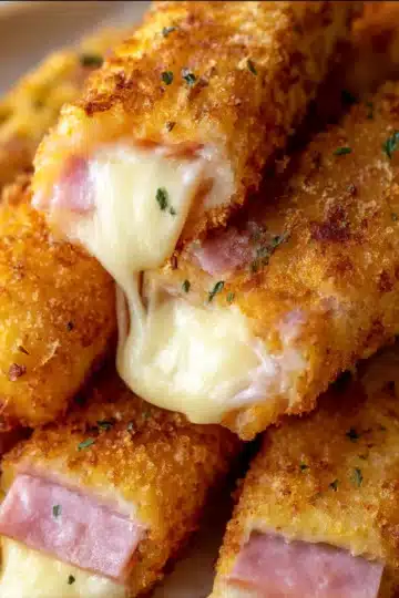 Air Fryer Ham & Cheese Sticks — crispy golden rolls with melted cheese inside served on a plate