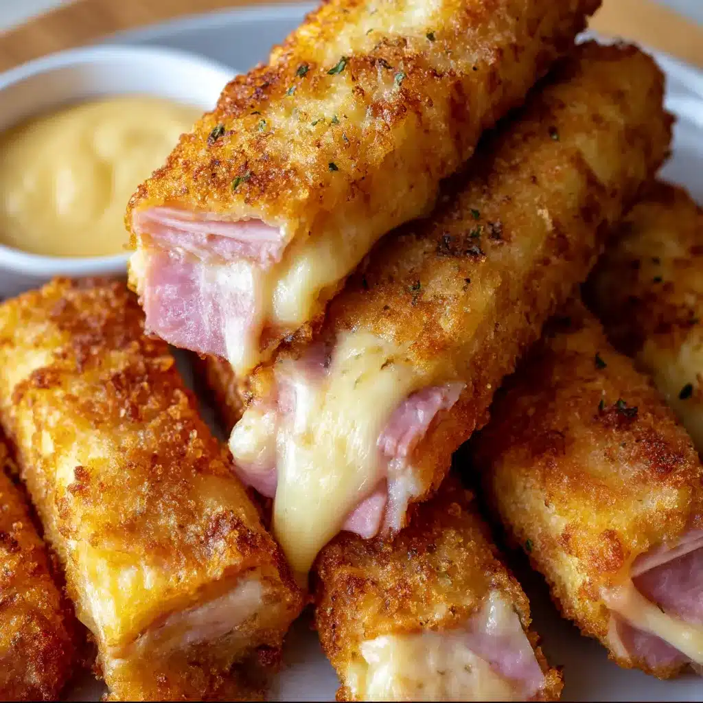 Air Fryer Ham & Cheese Sticks — crispy golden rolls with melted cheese inside served on a plate