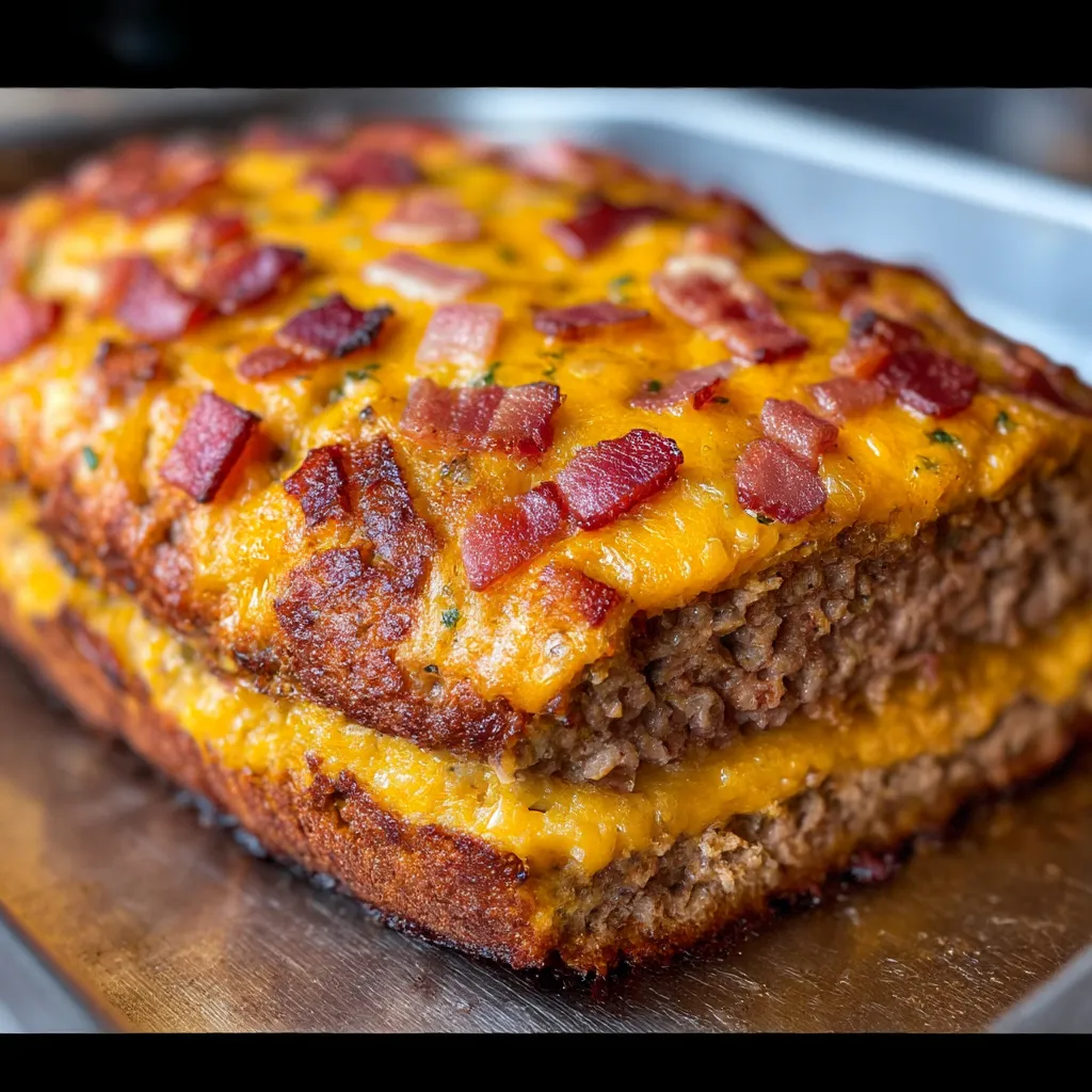 Cheeseburger Loaf fresh from the oven with melted cheddar and crispy bacon