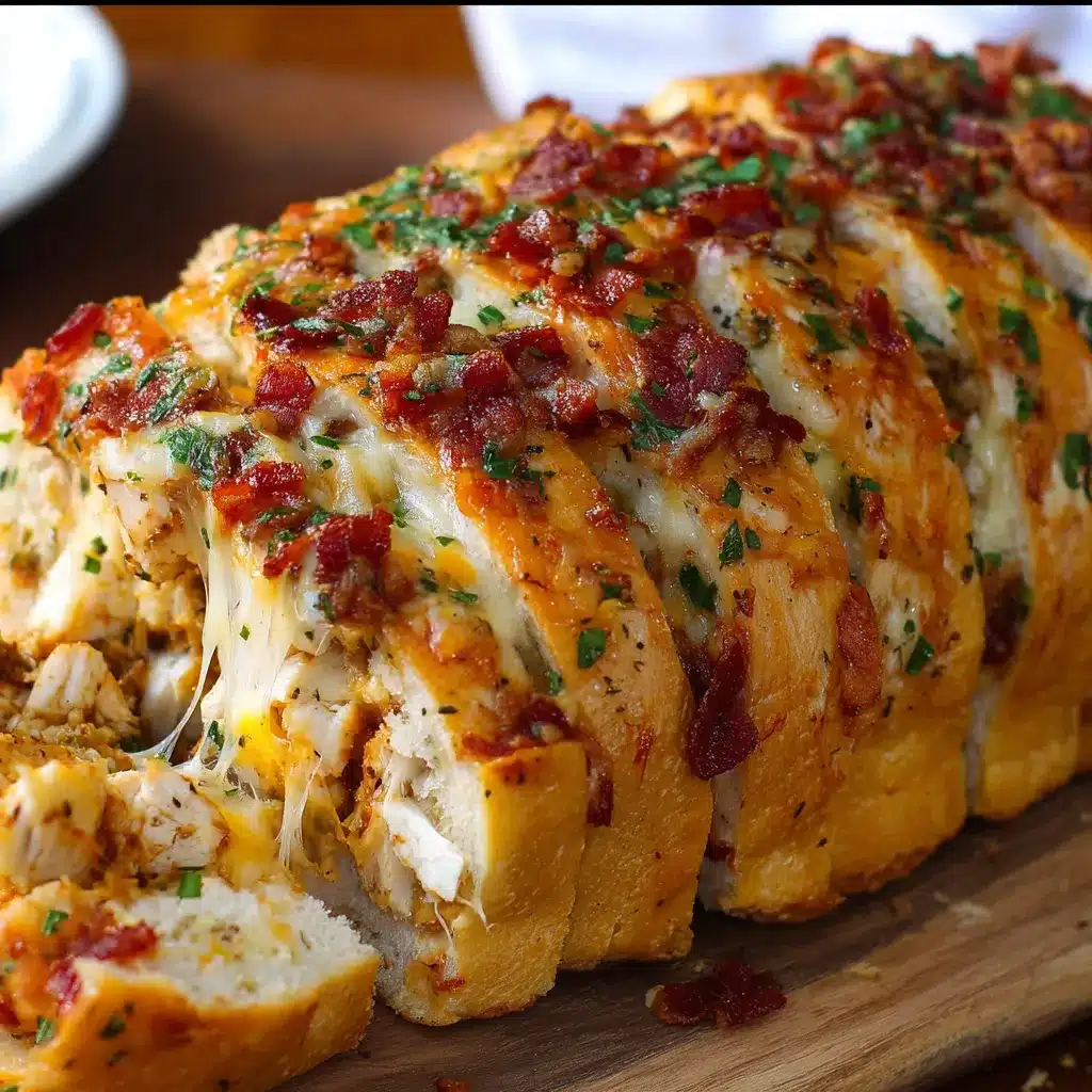 Golden Cheesy Chicken and Bacon Stuffed Bread Loaf sliced, with melted cheddar and mozzarella oozing out.
