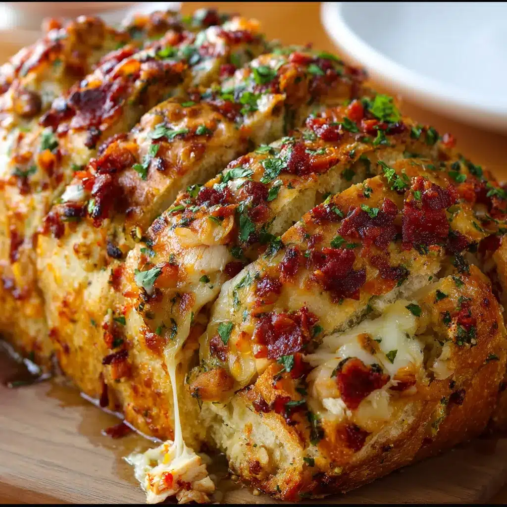 Golden Cheesy Chicken and Bacon Stuffed Bread Loaf sliced, with melted cheddar and mozzarella oozing out.