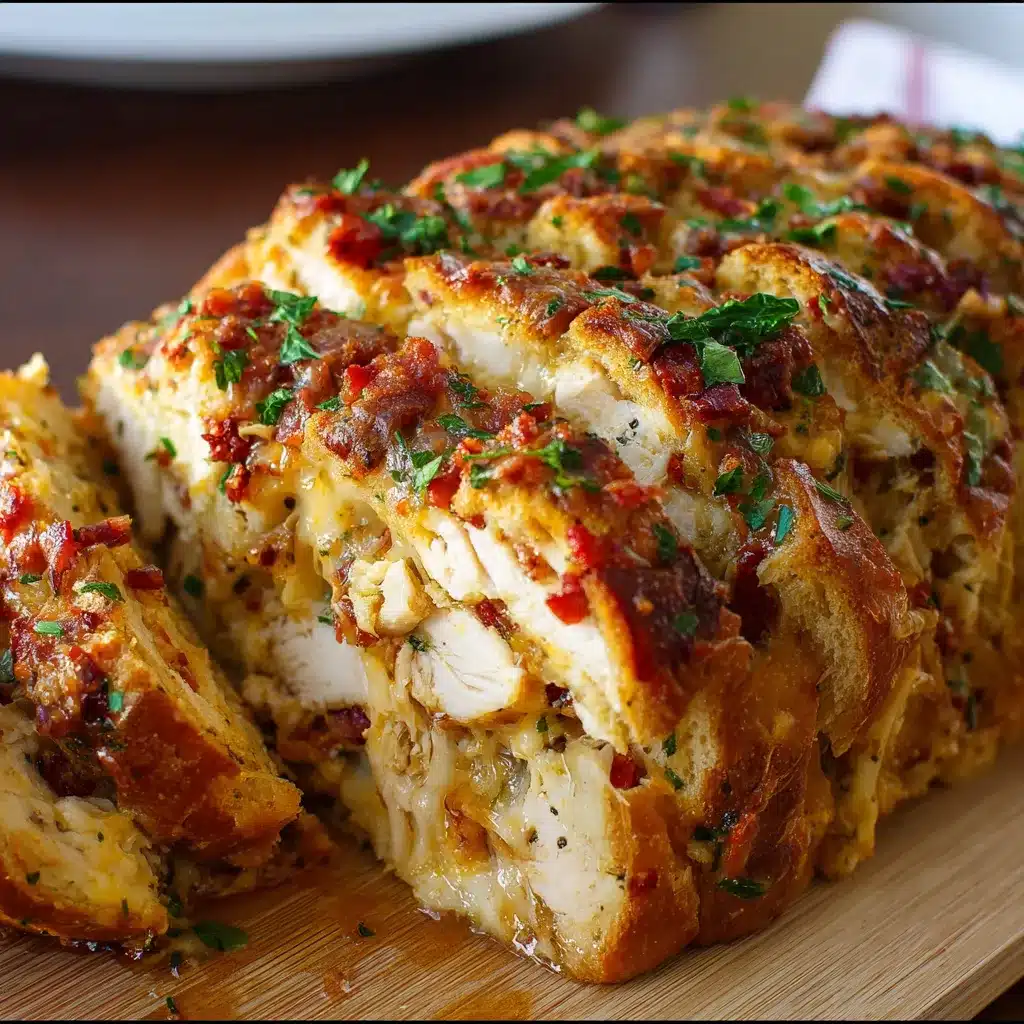 Golden Cheesy Chicken and Bacon Stuffed Bread Loaf sliced, with melted cheddar and mozzarella oozing out.