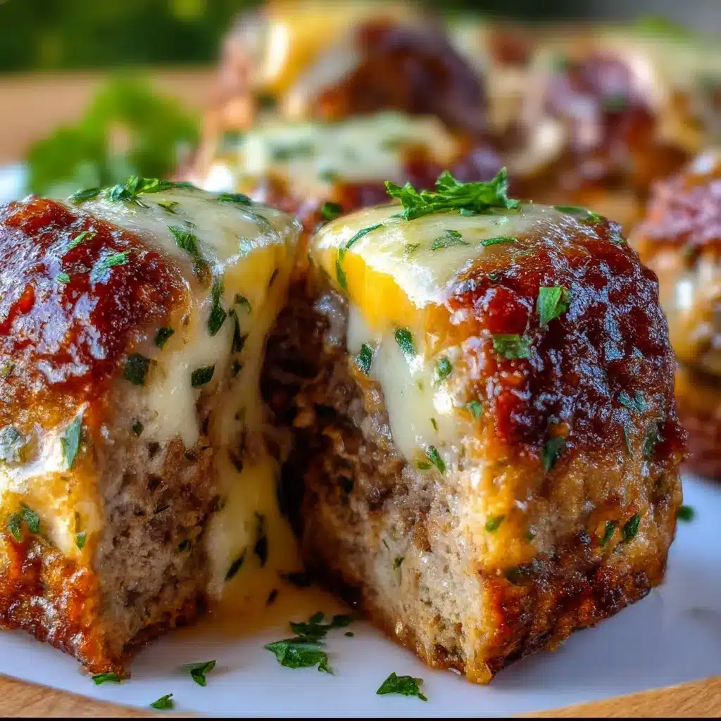 Cheesy stuffed meatloaf bites with golden tops and melty cheese centers on a parchment-lined baking sheet