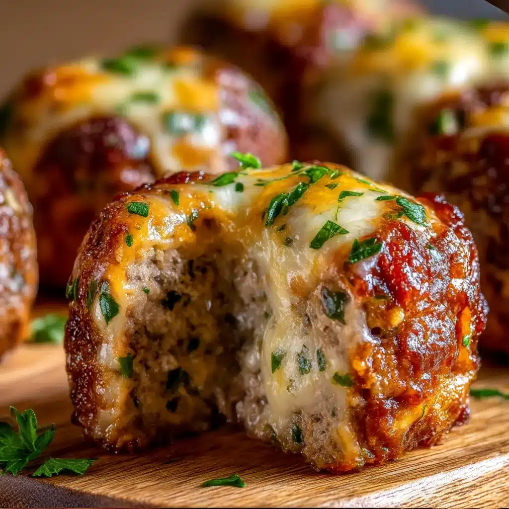 Cheesy stuffed meatloaf bites with golden tops and melty cheese centers on a parchment-lined baking sheet