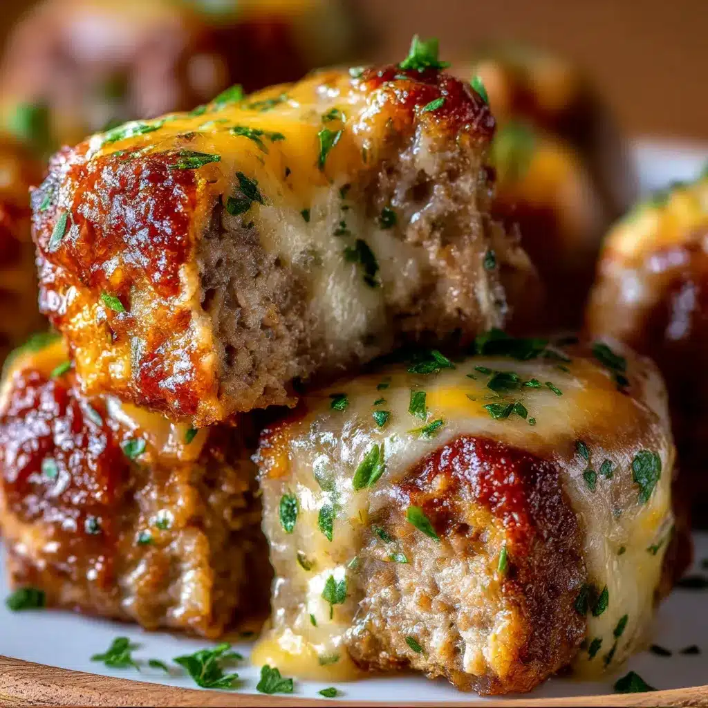 Cheesy stuffed meatloaf bites with golden tops and melty cheese centers on a parchment-lined baking sheet