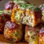 Cheesy stuffed meatloaf bites with golden tops and melty cheese centers on a parchment-lined baking sheet