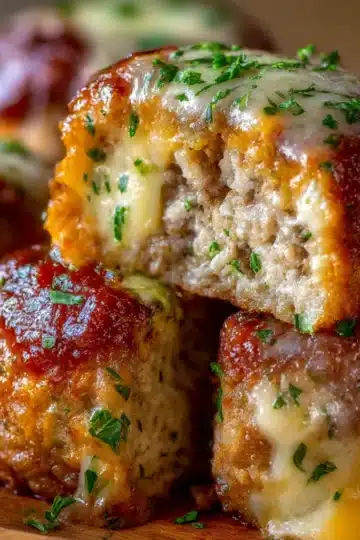 Cheesy stuffed meatloaf bites with golden tops and melty cheese centers on a parchment-lined baking sheet