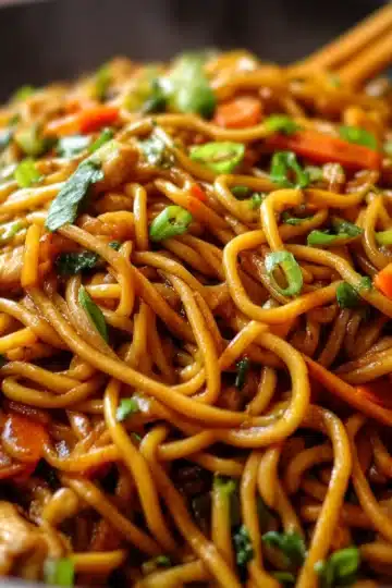 Fresh Chicken Lo Mein with colorful bell peppers, shredded cabbage, and glossy savory sauce.
