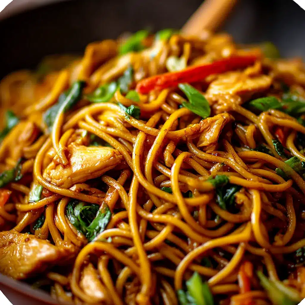 Fresh Chicken Lo Mein with colorful bell peppers, shredded cabbage, and glossy savory sauce.