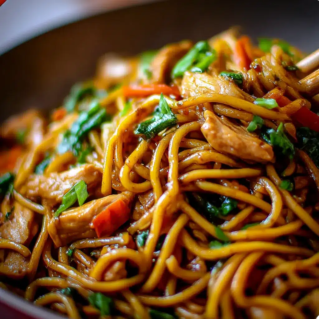 Fresh Chicken Lo Mein with colorful bell peppers, shredded cabbage, and glossy savory sauce.