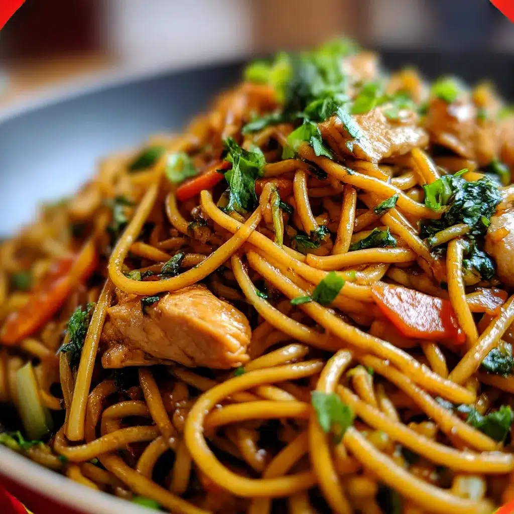 Fresh Chicken Lo Mein with colorful bell peppers, shredded cabbage, and glossy savory sauce.