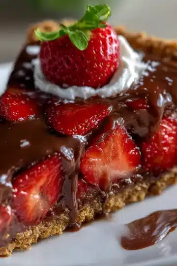Slice of Chocolate Covered Strawberry Pie with fresh berries and chocolate ganache on a plate.