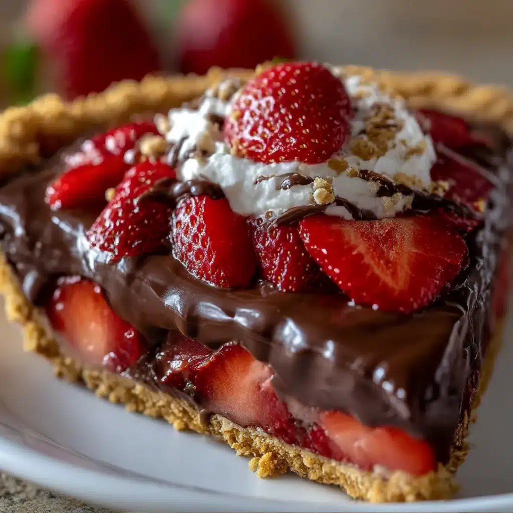 Slice of Chocolate Covered Strawberry Pie with fresh berries and chocolate ganache on a plate.
