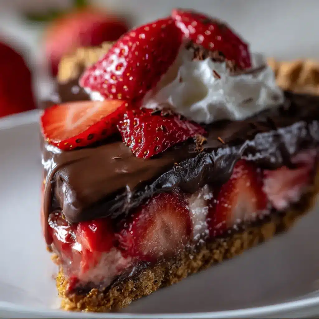Slice of Chocolate Covered Strawberry Pie with fresh berries and chocolate ganache on a plate.