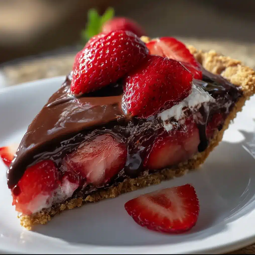 Slice of Chocolate Covered Strawberry Pie with fresh berries and chocolate ganache on a plate.