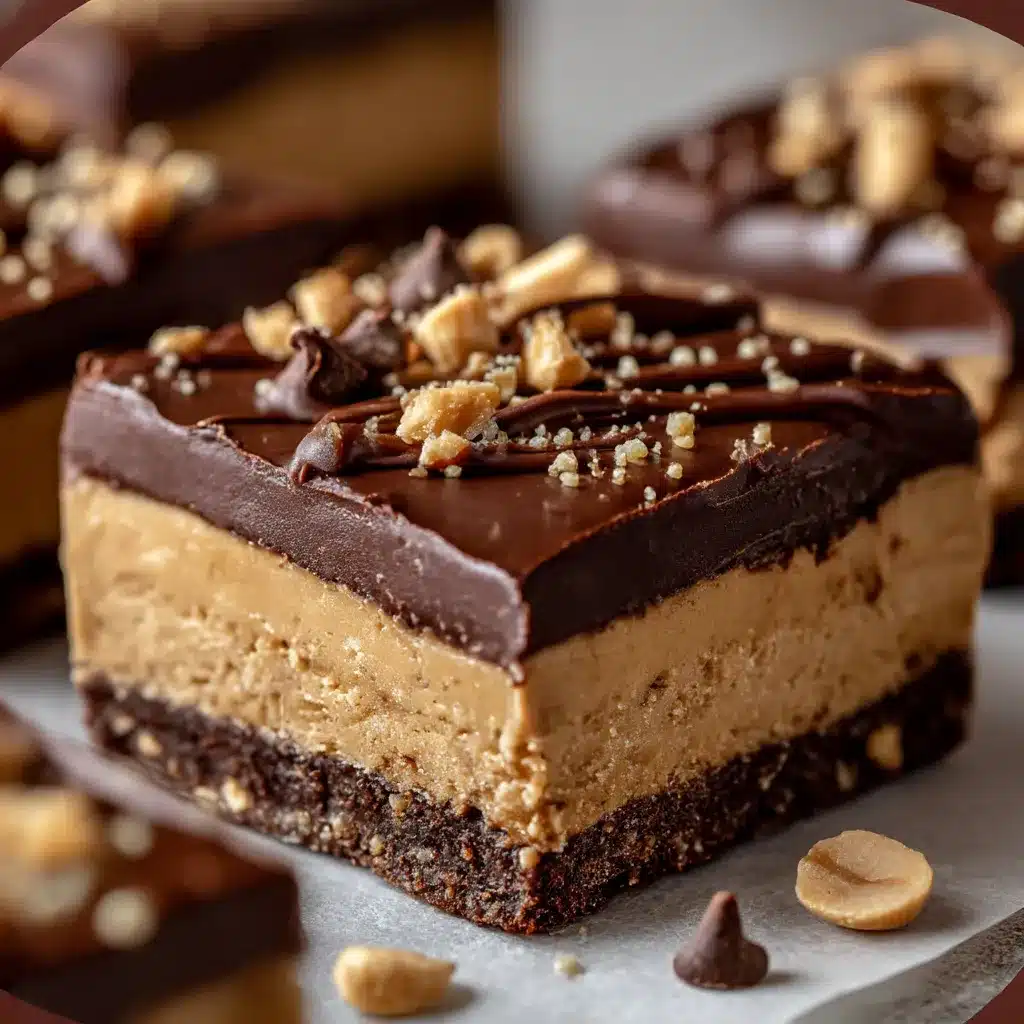 Chocolate Peanut Butter No-Bake Bars with creamy peanut buttery base and glossy chocolate topping.