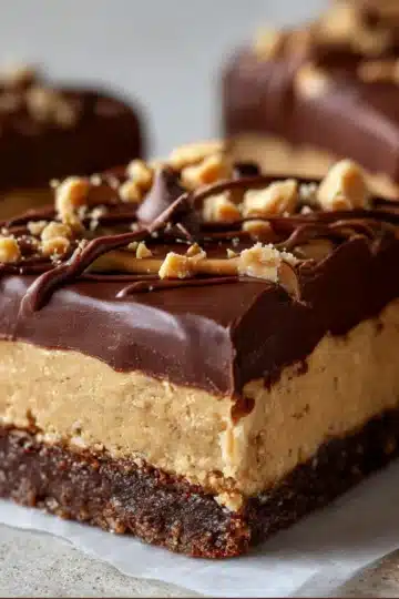 Chocolate Peanut Butter No-Bake Bars with creamy peanut buttery base and glossy chocolate topping.