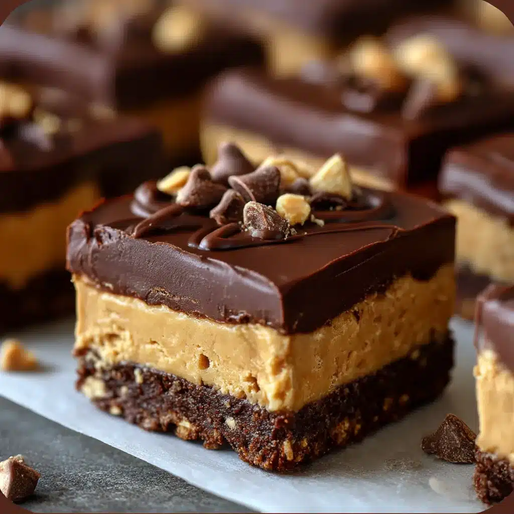 Chocolate Peanut Butter No-Bake Bars with creamy peanut buttery base and glossy chocolate topping.