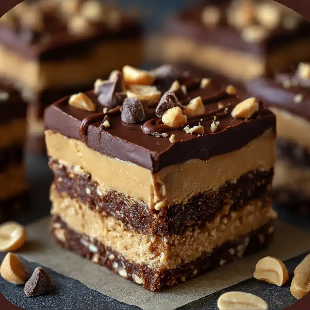 Chocolate Peanut Butter No-Bake Bars with creamy peanut buttery base and glossy chocolate topping.