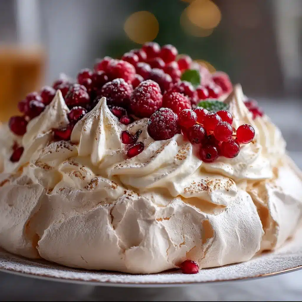 Festive Christmas Pavlova topped with whipped cream, strawberries, kiwi, and pomegranate seeds on a holiday table