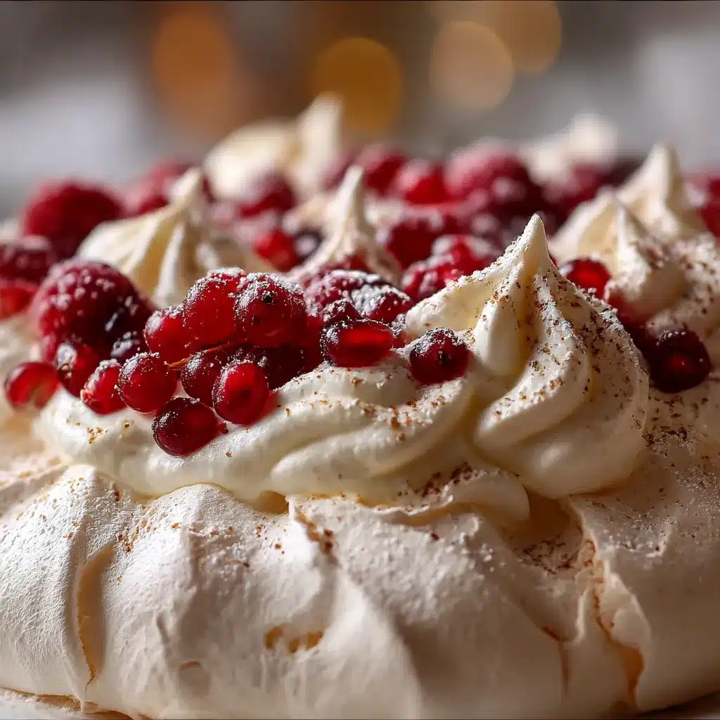 Festive Christmas Pavlova topped with whipped cream, strawberries, kiwi, and pomegranate seeds on a holiday table