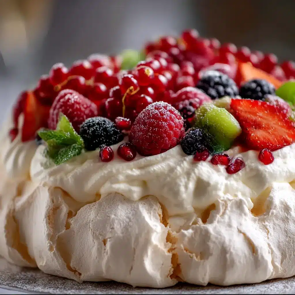 Festive Christmas Pavlova topped with whipped cream, strawberries, kiwi, and pomegranate seeds on a holiday table
