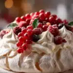 Festive Christmas Pavlova topped with whipped cream, strawberries, kiwi, and pomegranate seeds on a holiday table