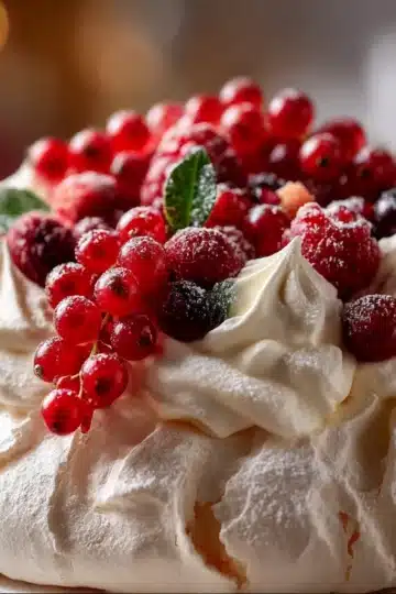 Festive Christmas Pavlova topped with whipped cream, strawberries, kiwi, and pomegranate seeds on a holiday table