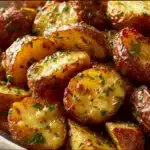 Golden roasted baby potatoes coated in garlic-herb cowboy butter and garnished with parsley and chives