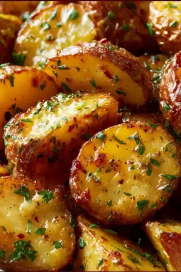 Golden roasted baby potatoes coated in garlic-herb cowboy butter and garnished with parsley and chives