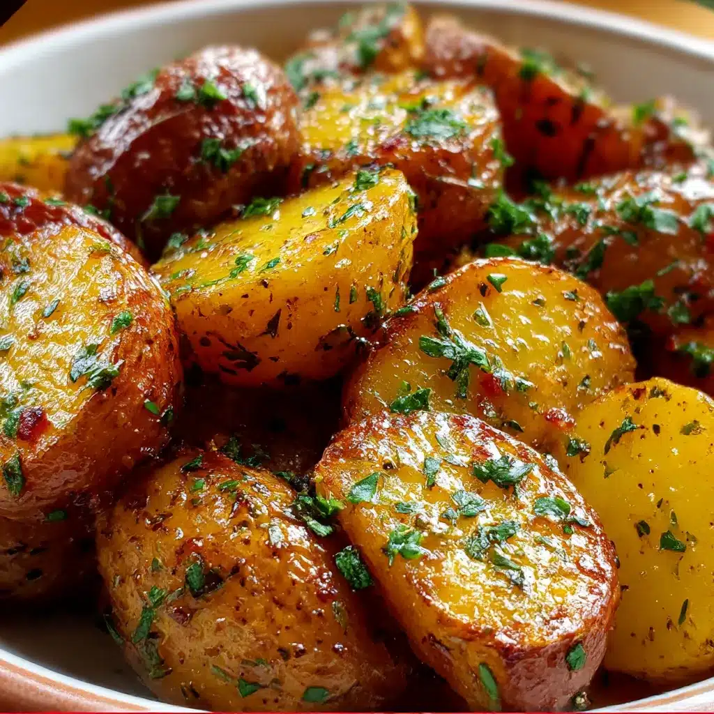 Golden roasted baby potatoes coated in garlic-herb cowboy butter and garnished with parsley and chives