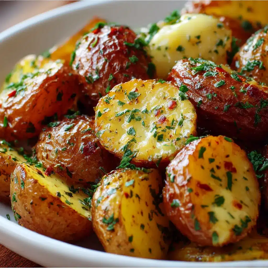 Golden roasted baby potatoes coated in garlic-herb cowboy butter and garnished with parsley and chives