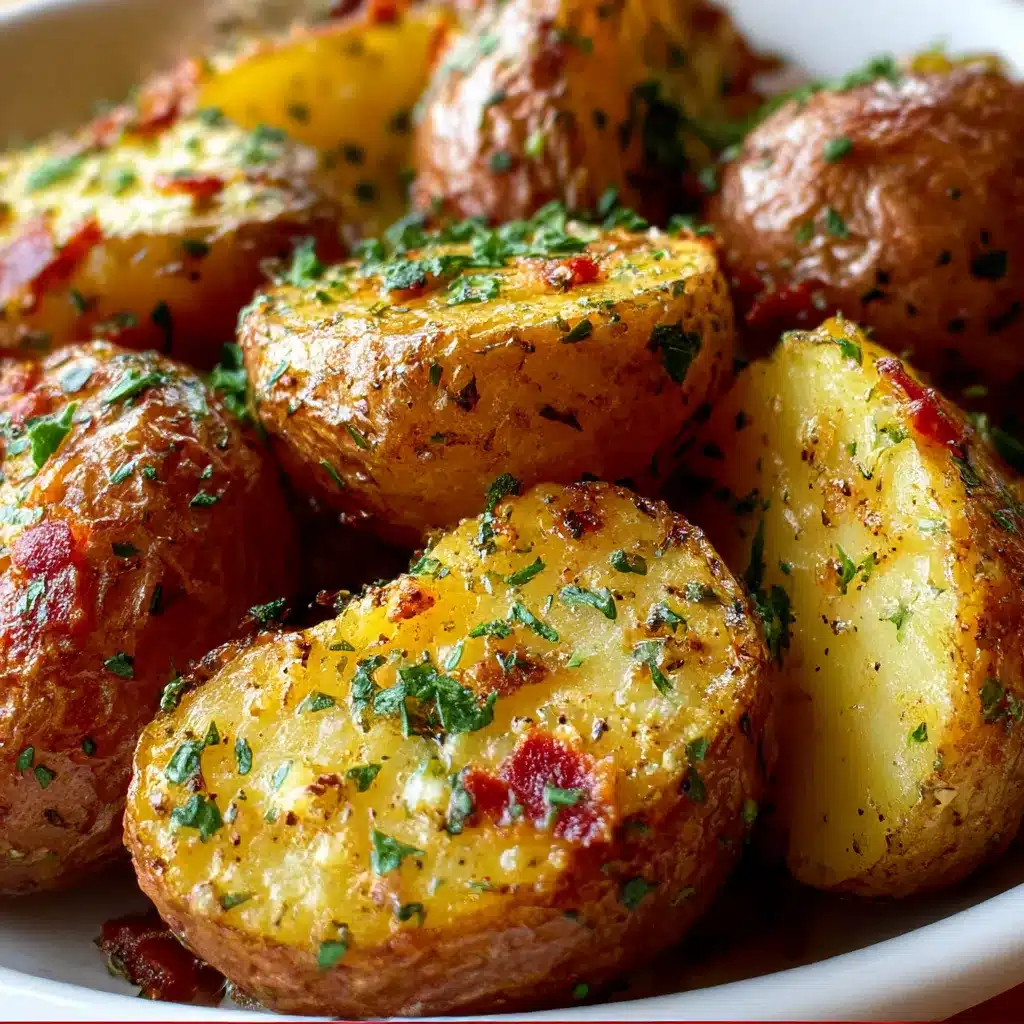 Golden roasted baby potatoes coated in garlic-herb cowboy butter and garnished with parsley and chives
