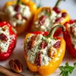 Colorful mini sweet peppers halved and stuffed with creamy cranberry-pecan cream cheese filling on a rustic wooden board