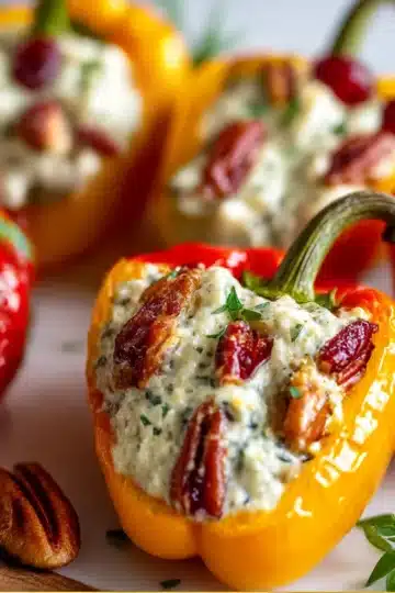 Colorful mini sweet peppers halved and stuffed with creamy cranberry-pecan cream cheese filling on a rustic wooden board