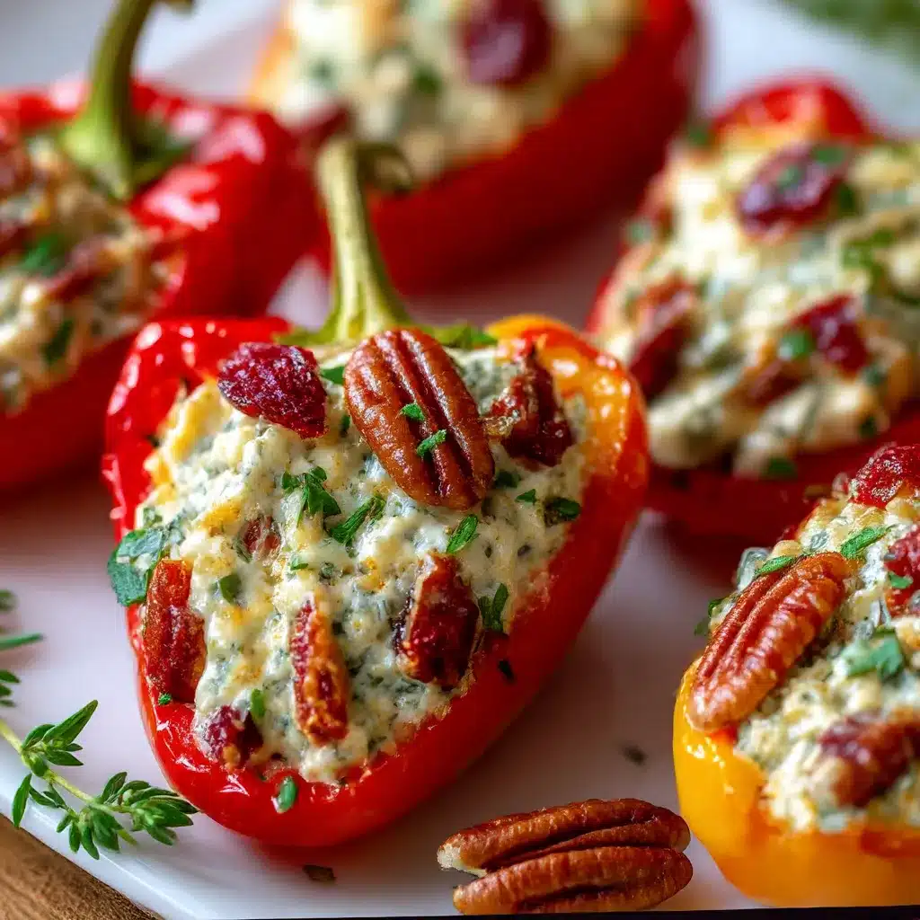 Colorful mini sweet peppers halved and stuffed with creamy cranberry-pecan cream cheese filling on a rustic wooden board