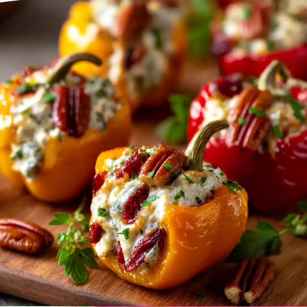 Colorful mini sweet peppers halved and stuffed with creamy cranberry-pecan cream cheese filling on a rustic wooden board