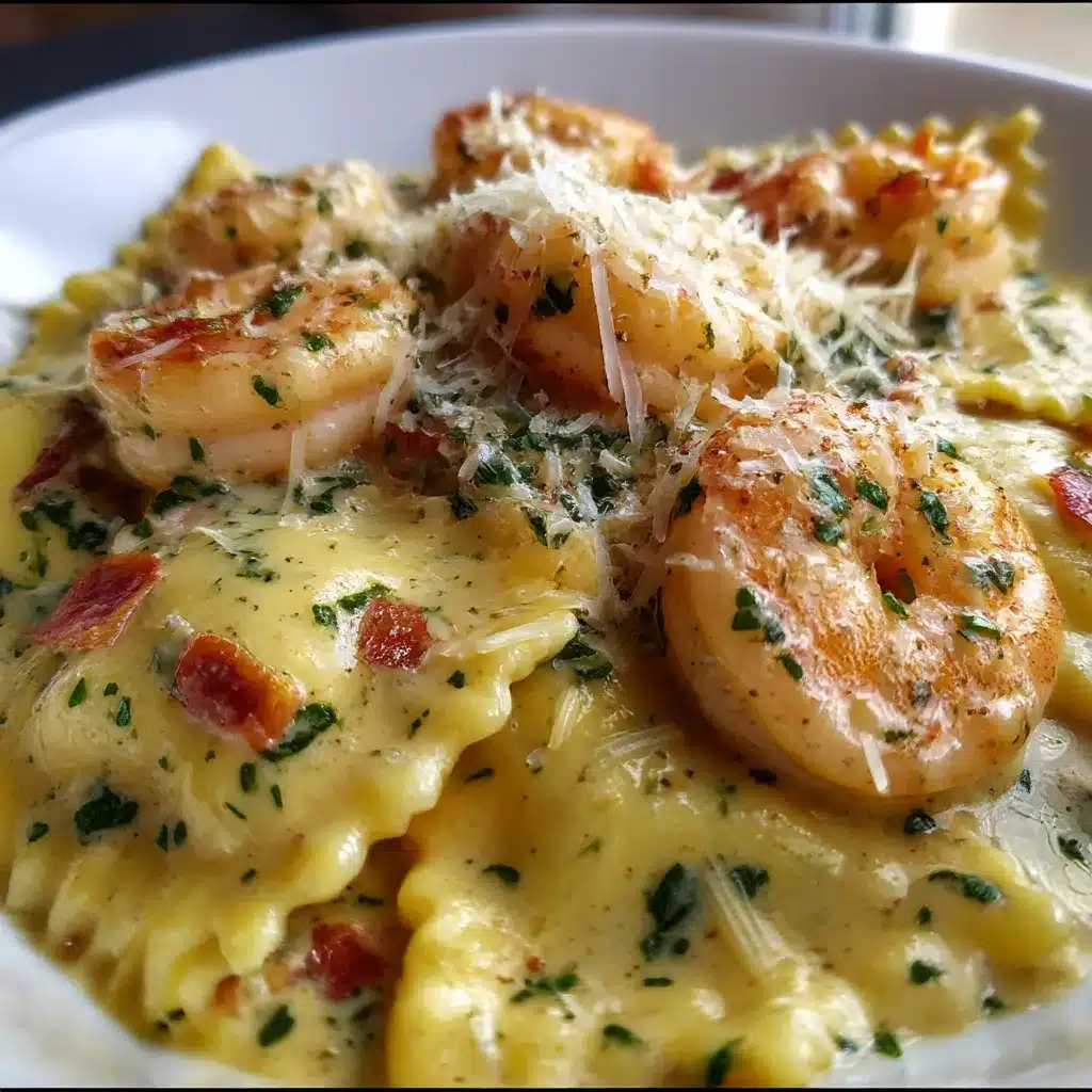 Plate of creamy shrimp and Parmesan ravioli garnished with parsley