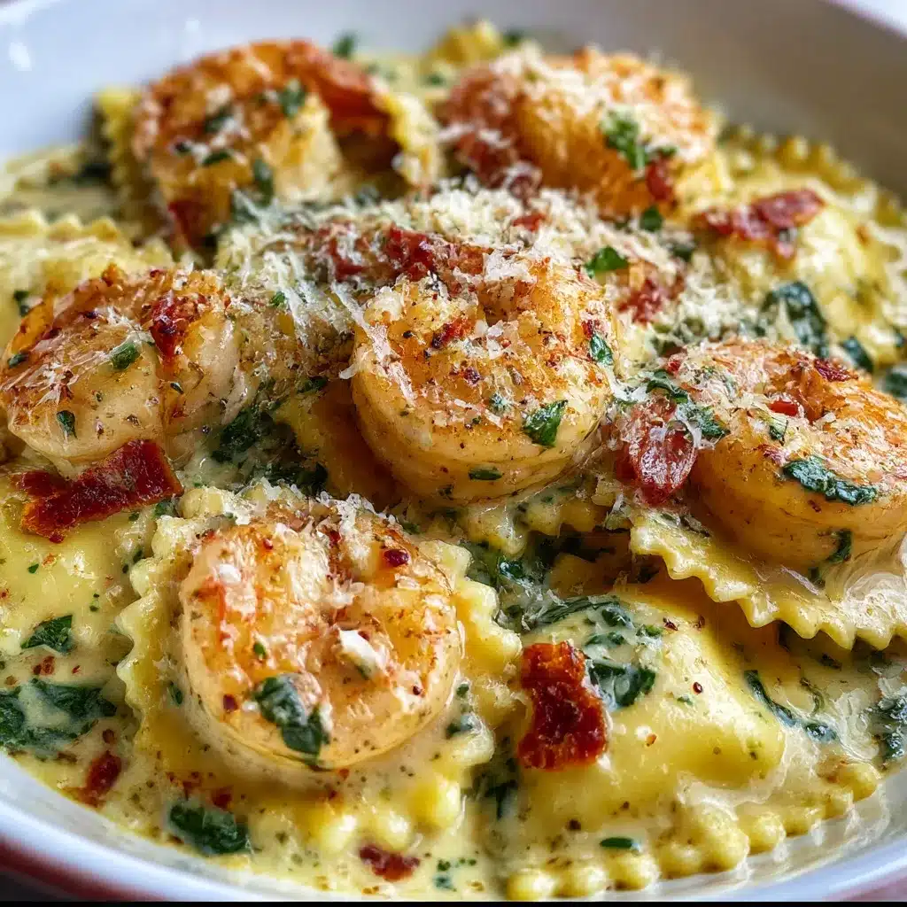 Plate of creamy shrimp and Parmesan ravioli garnished with parsley