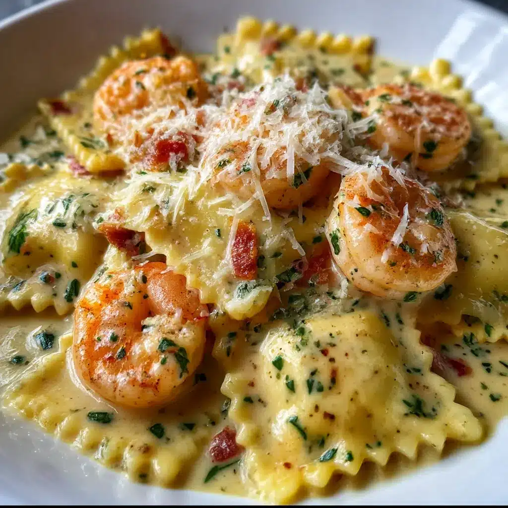 Plate of creamy shrimp and Parmesan ravioli garnished with parsley