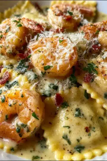 Plate of creamy shrimp and Parmesan ravioli garnished with parsley