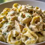 A creamy bowl of Crockpot Chicken Alfredo Tortellini garnished with fresh parsley and Parmesan.