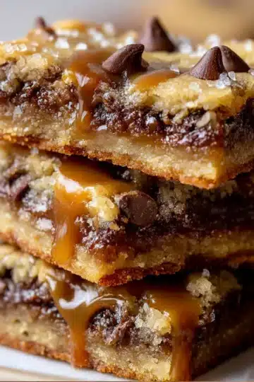 Gooey Chocolate Chip Caramel Butter Bars stacked on a white plate with a drizzle of melted caramel.