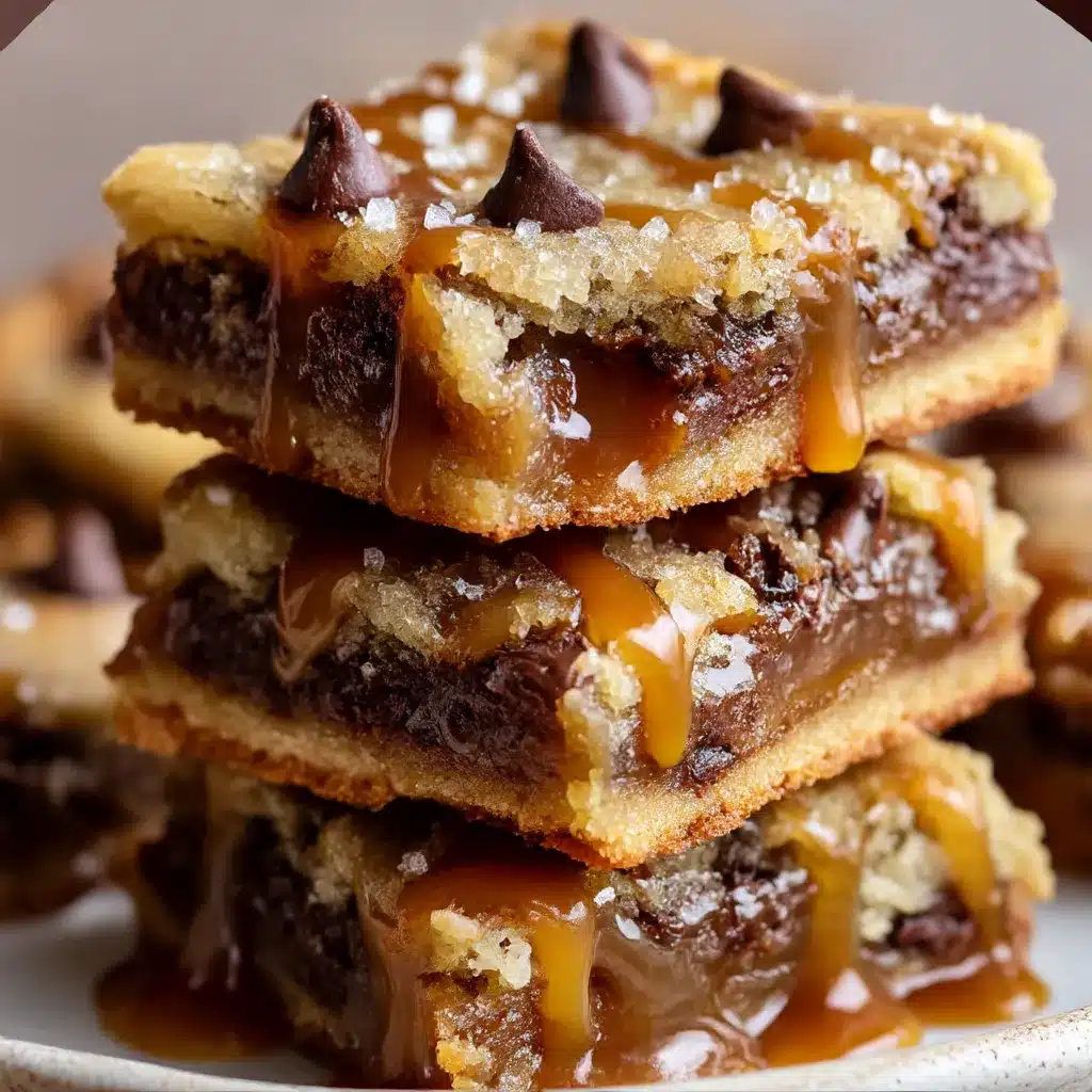 Gooey Chocolate Chip Caramel Butter Bars stacked on a white plate with a drizzle of melted caramel.