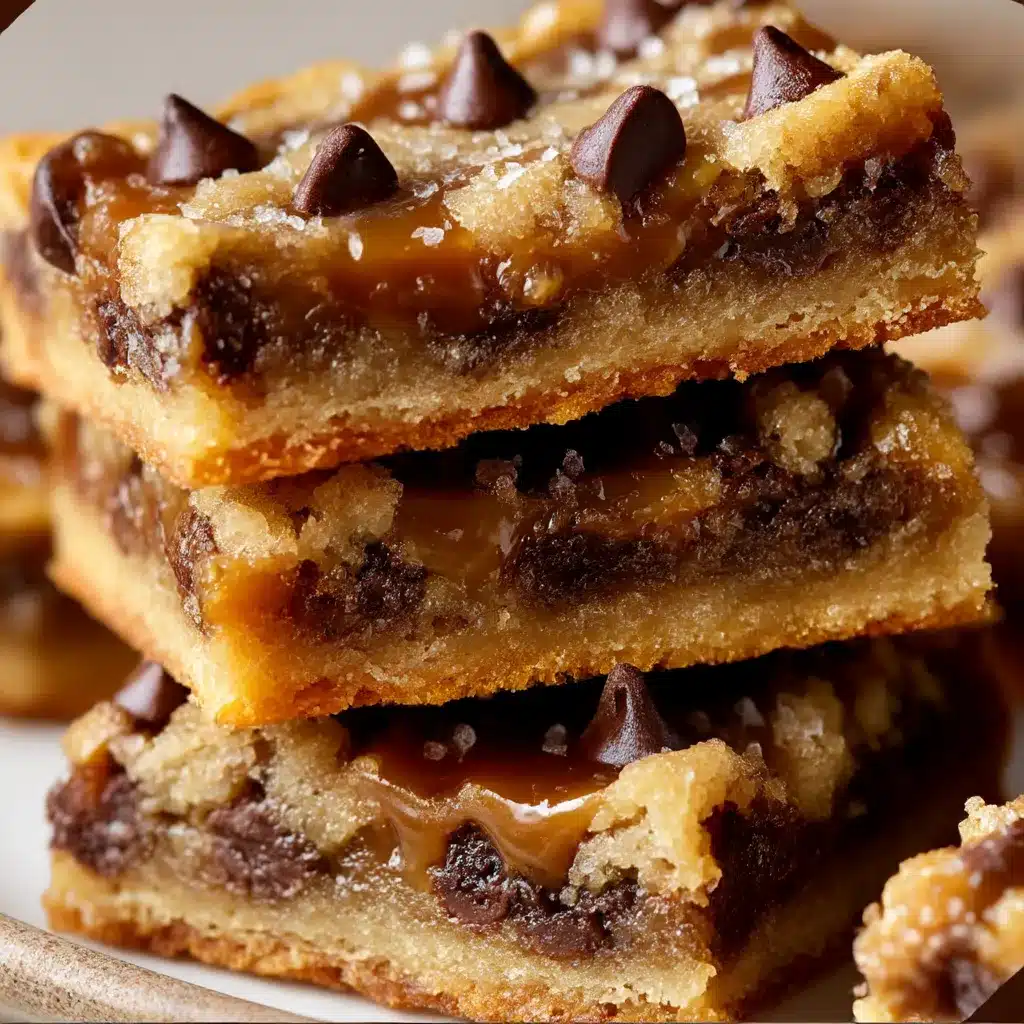 Gooey Chocolate Chip Caramel Butter Bars stacked on a white plate with a drizzle of melted caramel.